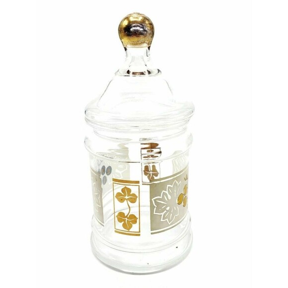 Vintage Glass Lidded Apothecary Jar Gold Grapes Design Bathroom Vanity Décor 7" - Picture 2 of 4